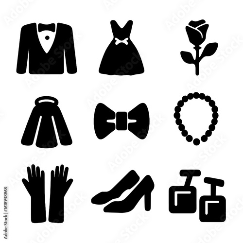 Wedding Attire Icons. Solid, filled icon set of wedding day attire and accessories: tuxedo, bridal dress, boutonniere, veil, bow