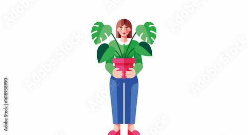 Woman holding plant in pot, presenting vibrant greenery as a comforting indoor accent. Woman holding plant in pot, showcases lush green foliage, contrasting with her stylish attire,