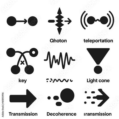 Quantum Icons Grid. Solid, filled icons set of quantum communication illustrated: quantum link, photon pulse,