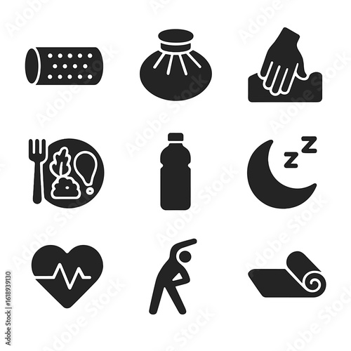Wellness Icons Grid. Solid, filled icon set of recovery and wellness: foam roller, ice pack, massage hand, healthy meal, water
