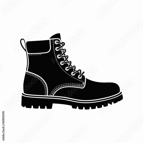 boot, combat, footwear, shoe, military, hiking, lace, rugged, silhouette, icon, vector, black, tread, durable, outdoor, fashion, gear, tough, strong, leather, sole, laceup, heavy, utility, field, trek