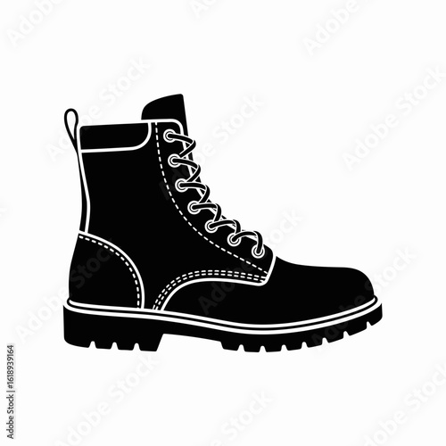 boot, combat, footwear, shoe, military, hiking, lace, rugged, silhouette, icon, vector, black, tread, durable, outdoor, fashion, gear, tough, strong, leather, sole, laceup, heavy, utility, field, trek