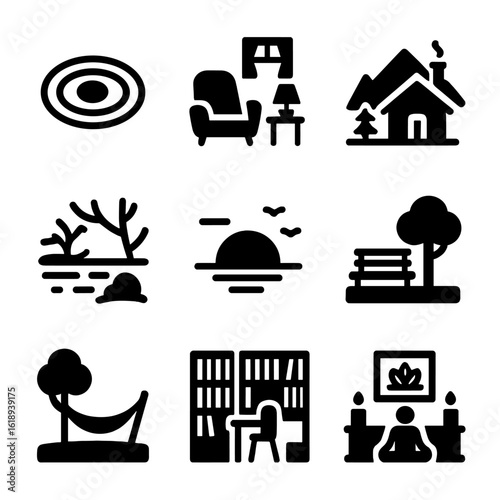 Quiet Reflection Icons. Solid, filled icon set of quiet reflection environments: zen garden, cozy room, mountain cabin, lake shore