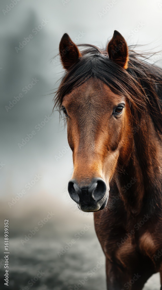 Naklejka premium Majestic brown horse with flowing mane in misty landscape showcasing natural beauty and grace