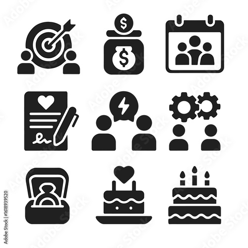 Relationship Icons Grid. Solid, filled icons set of long-term relationship maintenance: shared goals icon,
