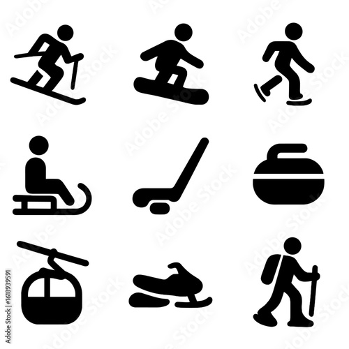 Winter Sports Icons. Solid, filled icon set of winter sports: skiing, snowboarding, ice skating, sledding, hockey stick, curling