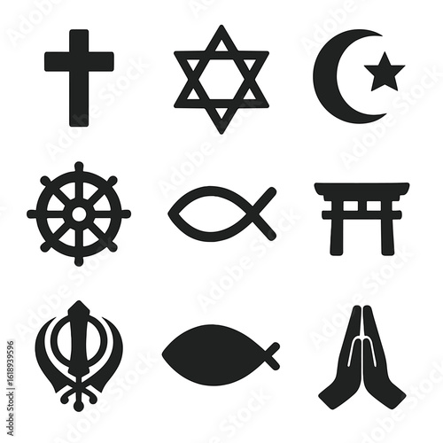 Religious Symbols Grid. Solid, filled icons set of religious and spiritual symbols: cross, star of David,
