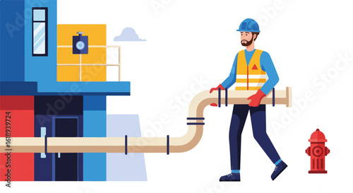 Gas supply project showing worker carrying pipe near industrial facility. Engineer wearing hard hat and safety vest works on gas supply project, holding pipe and wearing protective gloves.