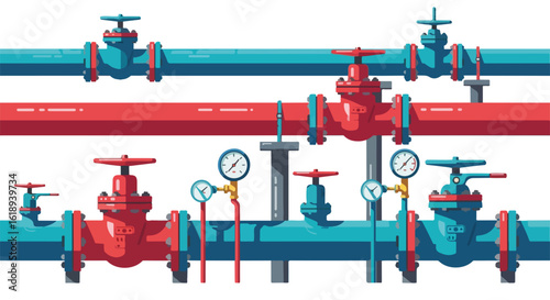 Gas supply depicted through a complex blue and red pipeline system complete with valves and gauges.