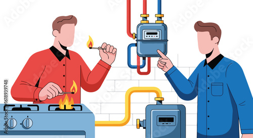 Gas supply illustration depicting gas meter and technicians lighting stove for home energy. Safe gas supply is essential, showing technicians performing maintenance and installation.