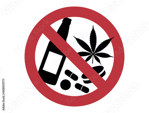 Vector art of a prohibition sign with a bottle, marijuana leaf, and pills, symbolizing the dangers of drugs and alcohol isolated on white background
