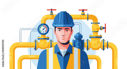 Gas supply worker oversees distribution network with valves and gauges, ensuring equipment safety. Gas supply expert in hardhat and vest monitors pipes for system control.