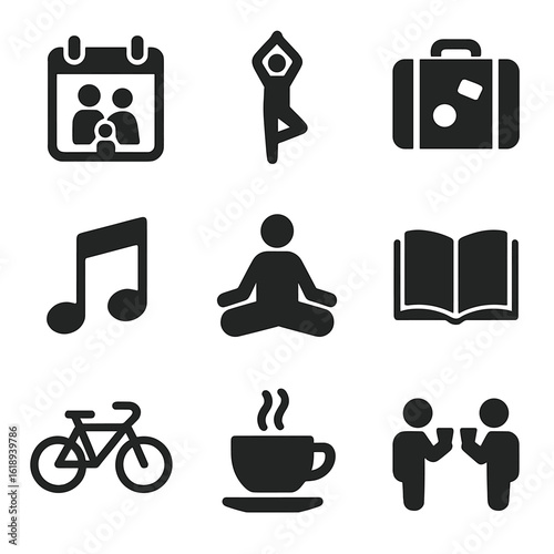 Work-Life Balance Icons. Solid, filled icon set of work-life balance: calendar with family, yoga pose, vacation suitcase, music