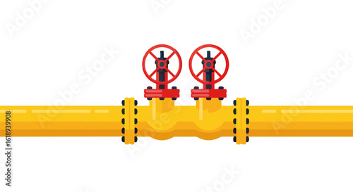 Gas pipeline showing shutoff valve equipment with red control valves. Gas pipeline junction enables fuel control, showcasing red valves within distribution networks,