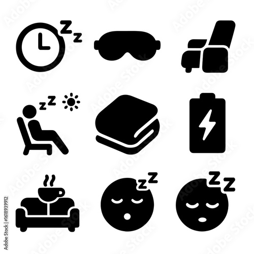 Rest Icons Set. Solid, filled icons set of napping and rest breaks: nap timer, eye mask, recliner chair,