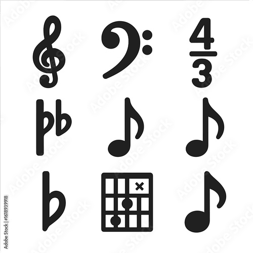 Worship Music Icons. Solid, filled icon set of worship music notation and theory: treble clef, bass clef, time signature, key