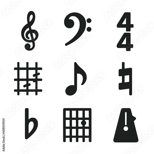 Worship Music Icons. Solid, filled icon set of worship music notation and theory: treble clef, bass clef, time signature, key