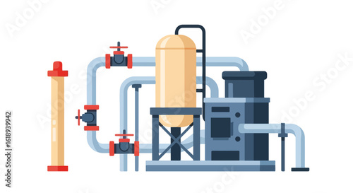 Gas supply system featuring interconnected pipeline and industrial tanks in clean, contemporary style. Gas supply components include pipes, vessels, and regulators in processing plants,