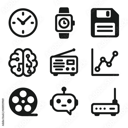 Retro Tech Fusion Icons. Solid, filled icon set of vintage technology and AI fusion: analog clock, smart watch, floppy disk, AI