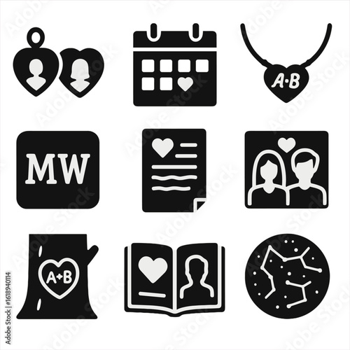 Romantic Icon Set. Solid, filled icons set of personalized romantic moments: engraved locket, custom calendar,