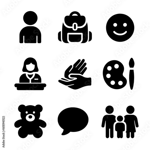 Youth Support Icon Set. Solid, filled icon set of youth mental health support: child figure, backpack, smiley face, school