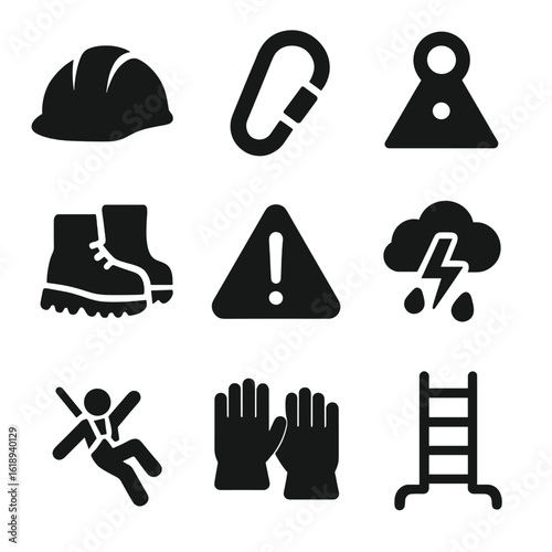 Roof Safety Icons. Solid, filled icons set of roof safety and protection: hard hat, harness clip, roof anchor,