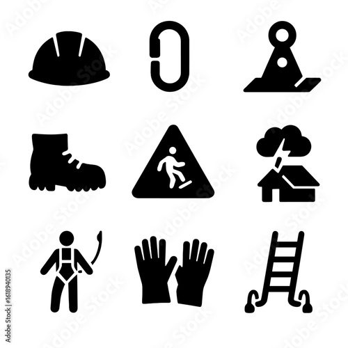 Roof Safety Icons. Solid, filled icons set of roof safety and protection: hard hat, harness clip, roof anchor,