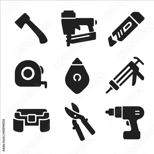 Roofing Tools Icons. Solid, filled icons set of roofing tools and equipment: roofing hatchet, nail gun,