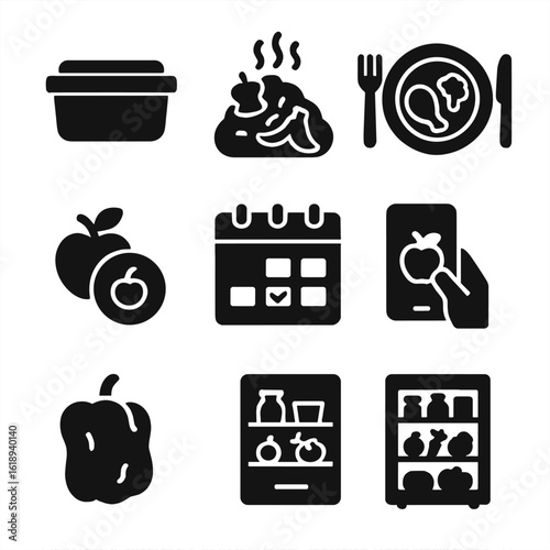 Zero Food Waste Icons. Solid, filled icon set of zero food waste: leftover container, compost pile, portion control, food saver