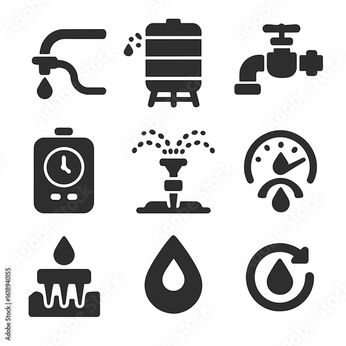 Rooftop Irrigation Icons. Solid, filled icons set of rooftop irrigation systems: drip line, hose nozzle, water