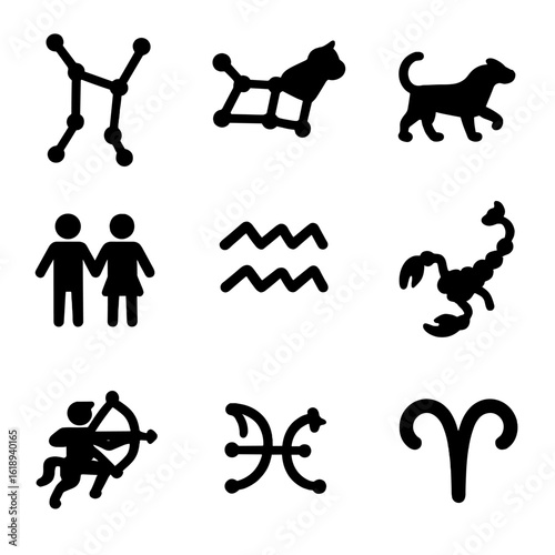 Zodiac Icons Grid. Solid, filled icon set of constellations and zodiac: Orion, Ursa Major, Leo, Gemini, Aquarius, Scorpio,