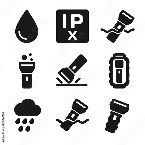 Rugged Flashlight Icons. Solid, filled icons set of waterproof and rugged flashlights: water droplet icon, IPX