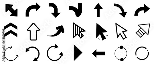 Collection of black arrow and cursor silhouettes isolated on white background