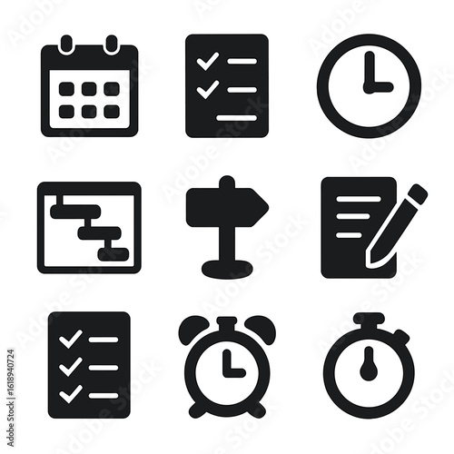 School Planning Icons. Solid, filled icon set of School project planning: calendar, checklist, clock, gantt chart, milestone,