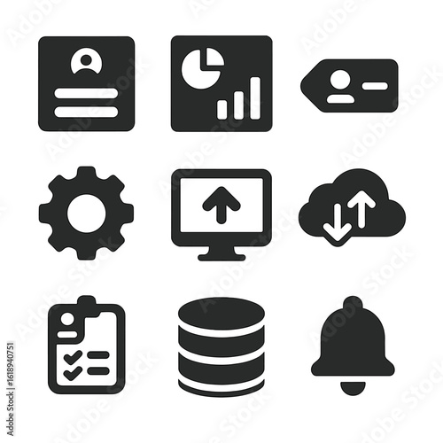 School System Icons. Solid, filled icons set of school information system: login form, dashboard icon, user
