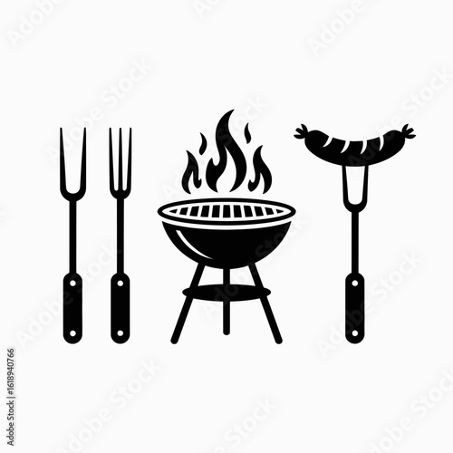 Barbecue grill with sausage and utensils silhouette isolated on white background