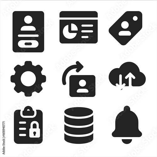 School System Icons. Solid, filled icons set of school information system: login form, dashboard icon, user