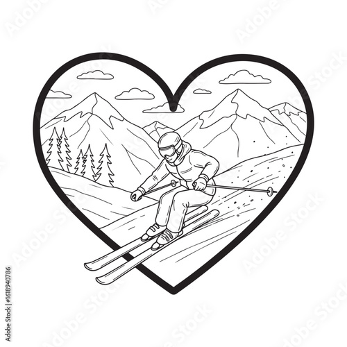 Enthusiastic Skier Enjoying a Mountain Slope Within a Heart Shape Outline Art & Illustration