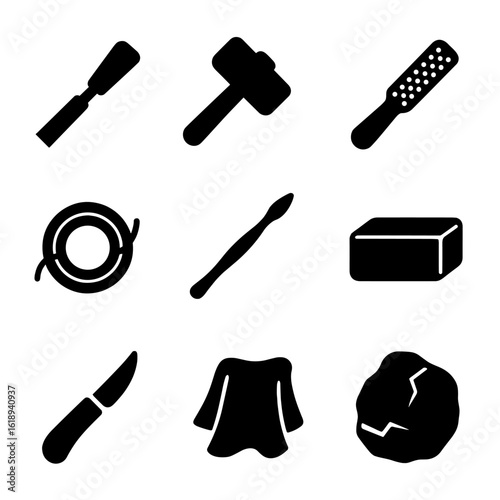 Sculpting Tools Icons. Solid, filled icons set of sculpture tools: chisel, mallet, rasp, armature wire,