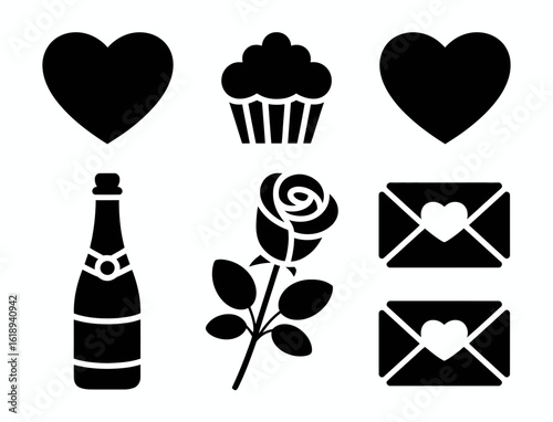 Collection of romantic celebration icons including hearts cupcake champagne rose and envelopes silhouette isolated on white background