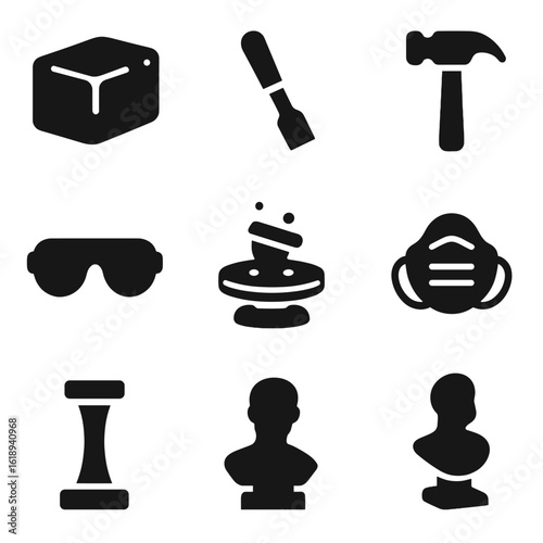 Sculptor Icons Grid. Solid, filled icons set of sculptors in creative spaces: clay block, carving tool, hammer