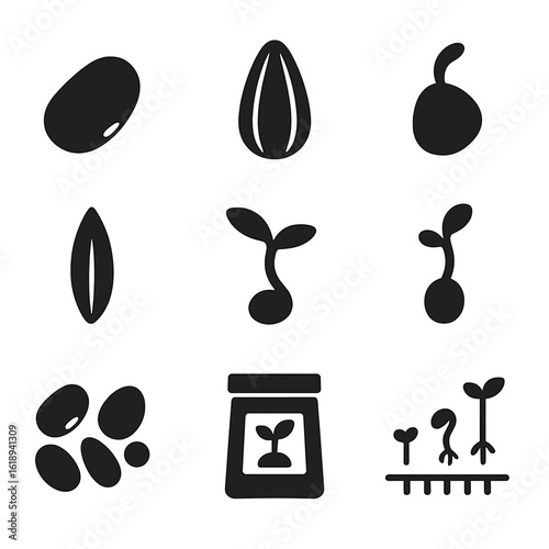 Seed Icons Grid. Solid, filled icons set of types of seeds and sprouting: bean seed, sunflower seed, corn