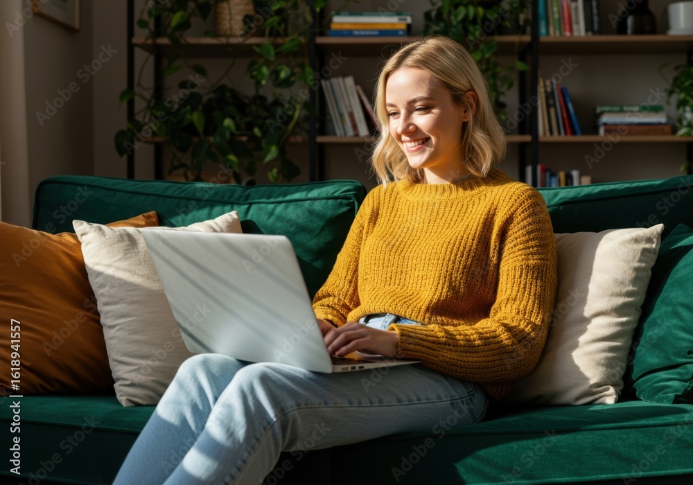 Obraz premium Young woman smiling while working on a laptop computer while relaxing on a comfortable green sofa