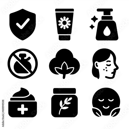 Sensitive Skincare Icons. Solid, filled icons set of sensitive skin care: hypoallergenic label, chamomile balm