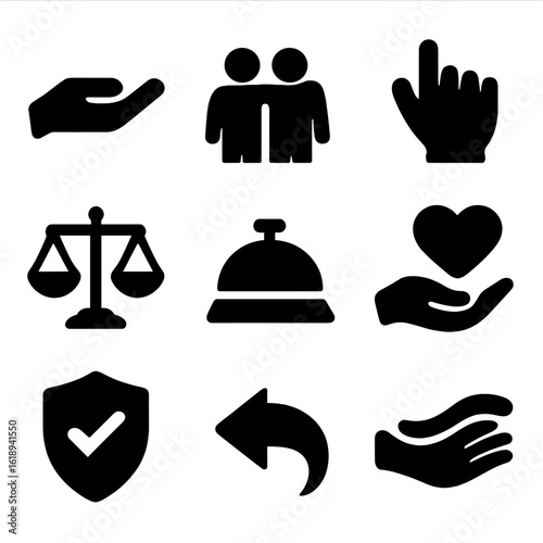 Servant Leadership Icons. Solid, filled icons set of servant leadership values: helping hand, support icon,