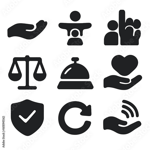 Servant Leadership Icons. Solid, filled icons set of servant leadership values: helping hand, support icon,