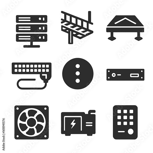 Server Room Icon Set. Solid, filled icons set of server room infrastructure: blade server, cable tray, raised