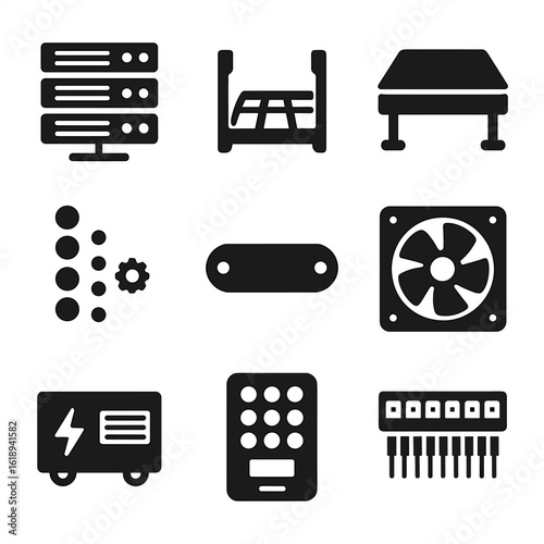 Server Room Icon Set. Solid, filled icons set of server room infrastructure: blade server, cable tray, raised
