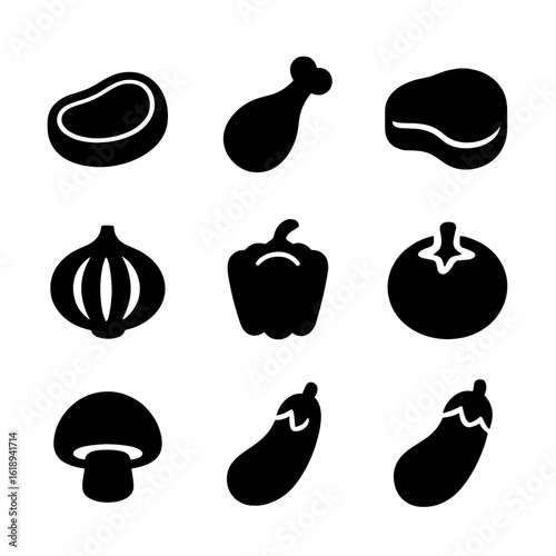 Shashlik Ingredients Icons. Solid, filled icon set of ingredients for shashlik: lamb meat, chicken meat, beef meat, onion, bell