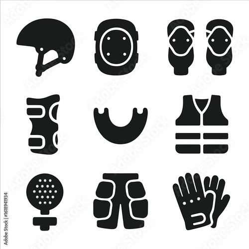 Skating Safety Gear. Solid, filled icons set of skating safety gear: helmet, knee pads, elbow guards, wrist